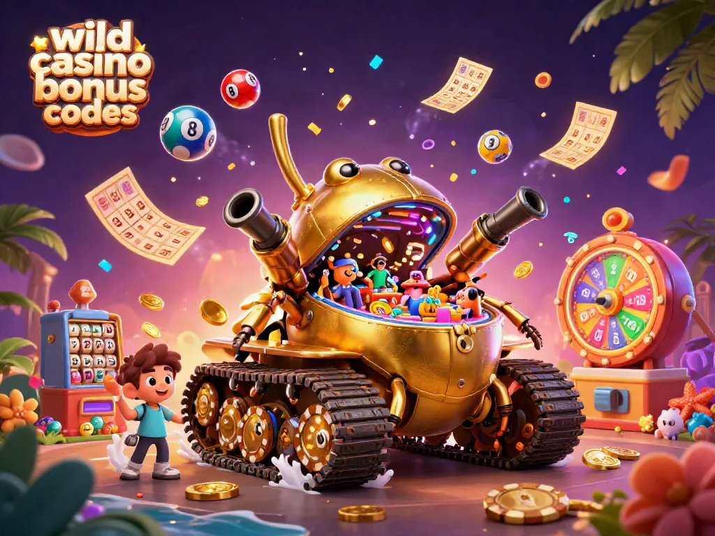 Win with wild casino bonus codes in an exciting 3D casino-themed scene filled with games and prizes.