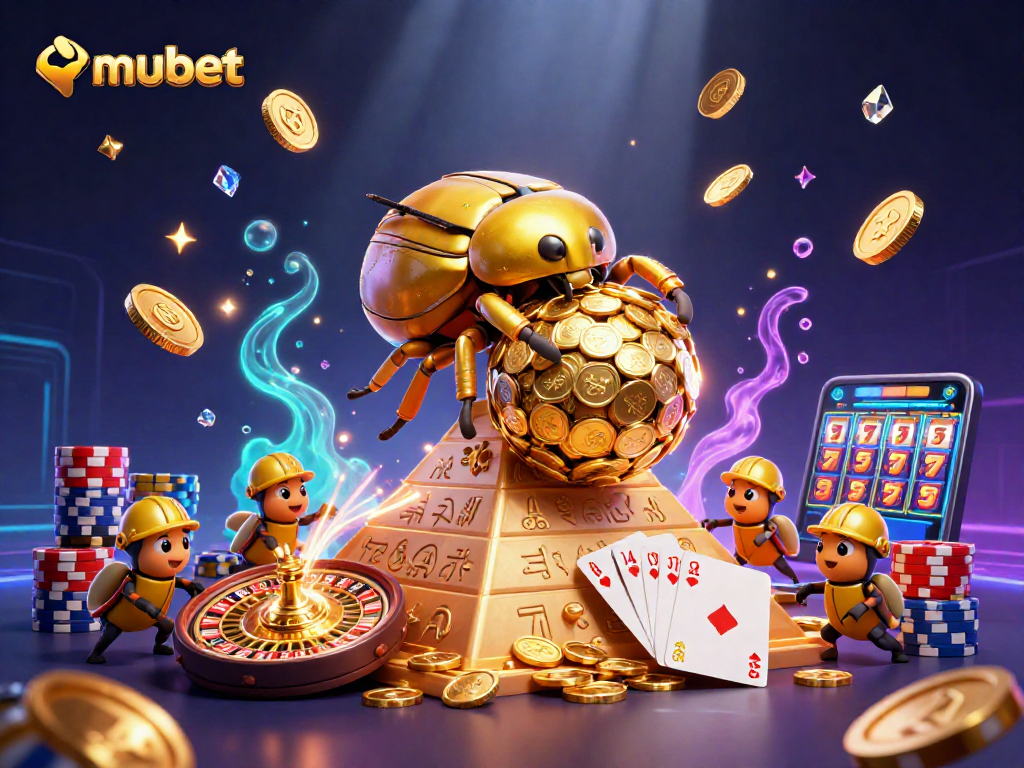 Experience intense action at mubet with a golden dung beetle rolling coins in an epic casino scene.