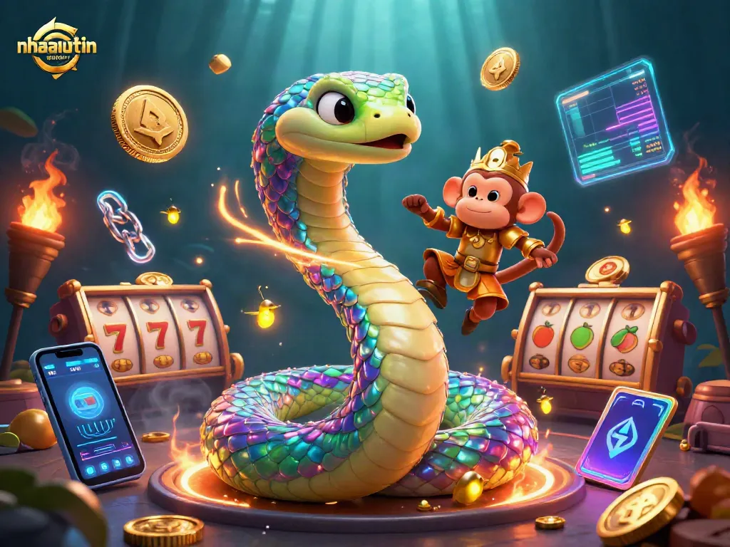 nhacaiuytin showcases a vibrant casino scene with a rainbow serpent, golden monkey, and dynamic crypto elements