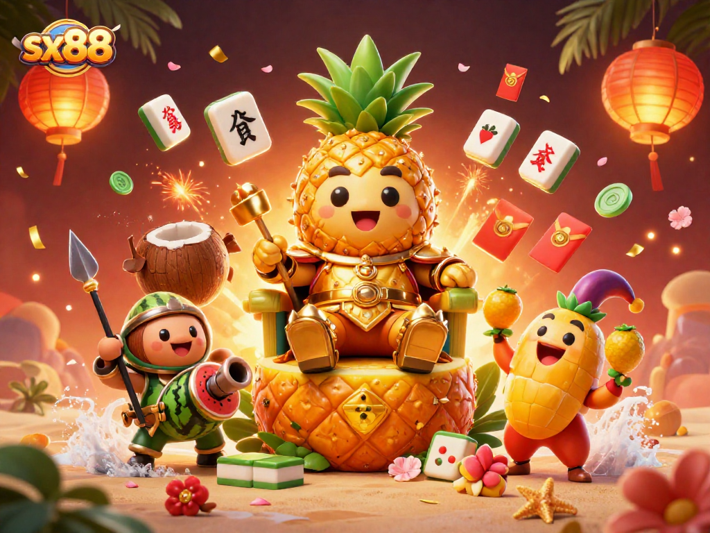 SX88 engages players in thrilling casino action with a vibrant golden pineapple king surrounded by dynamic gaming elements.