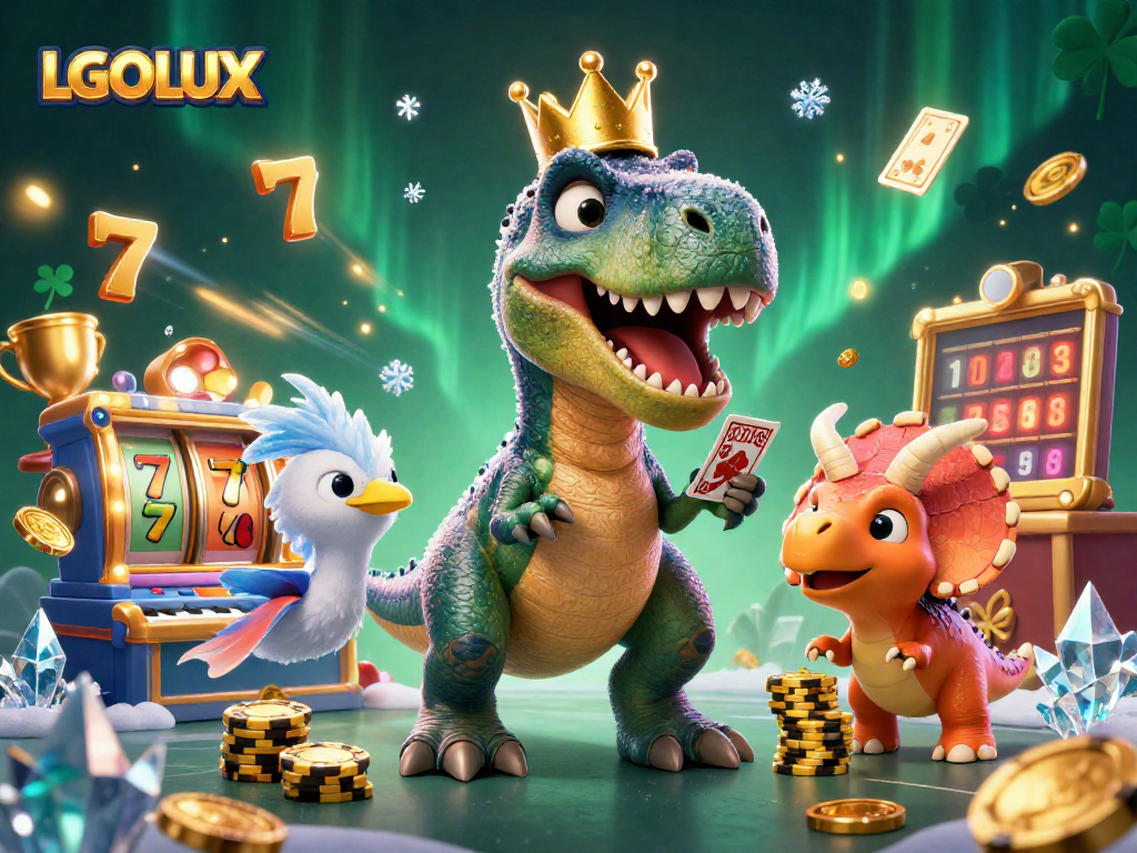 Experience exciting gameplay with LGOLUX as a friendly T-Rex shuffles cards while a triceratops stacks golden chips.