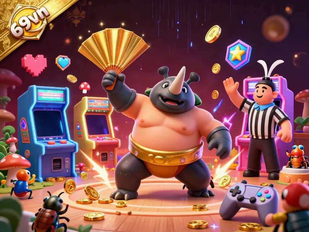 Experience the thrilling world of 69vn as a rhinoceros beetle sumo champion celebrates with flying coins in a vibrant casino atmosphere.