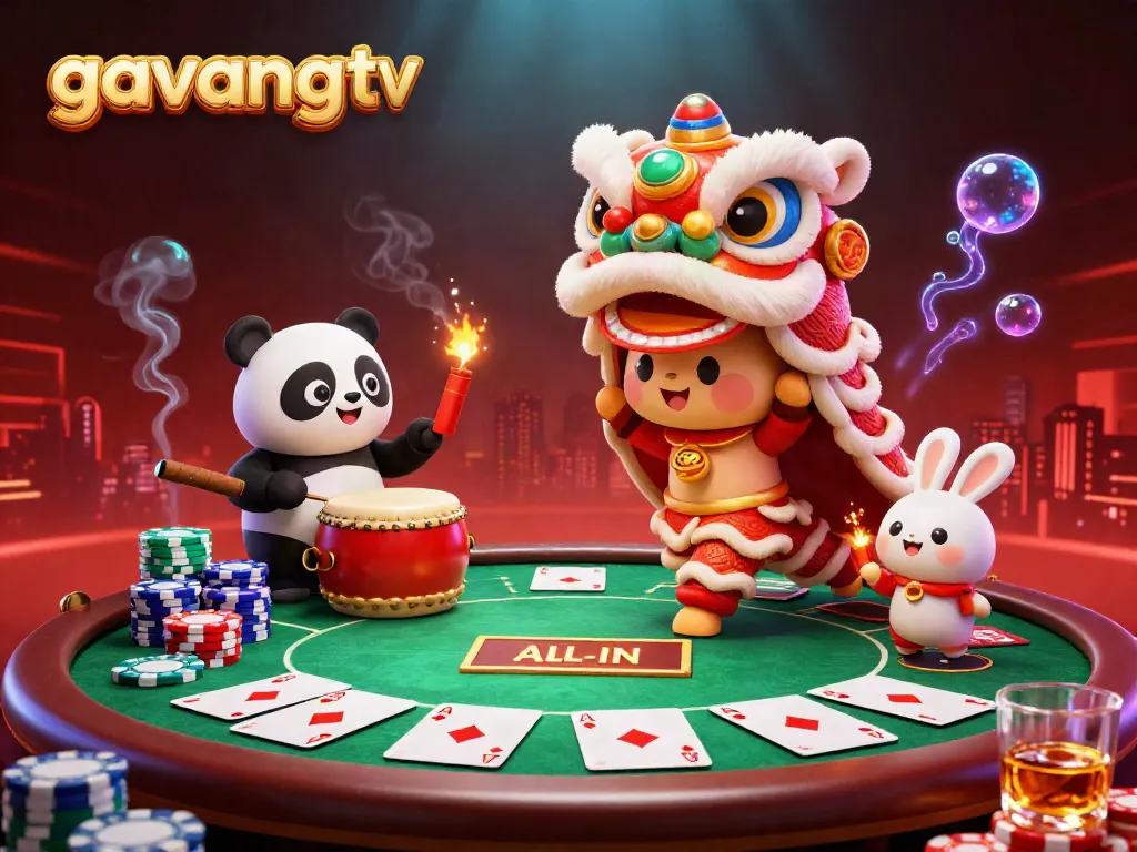 Experience the excitement of gambling action with gavangtv's vibrant casino scene featuring a lively lion dance and poker elements.
