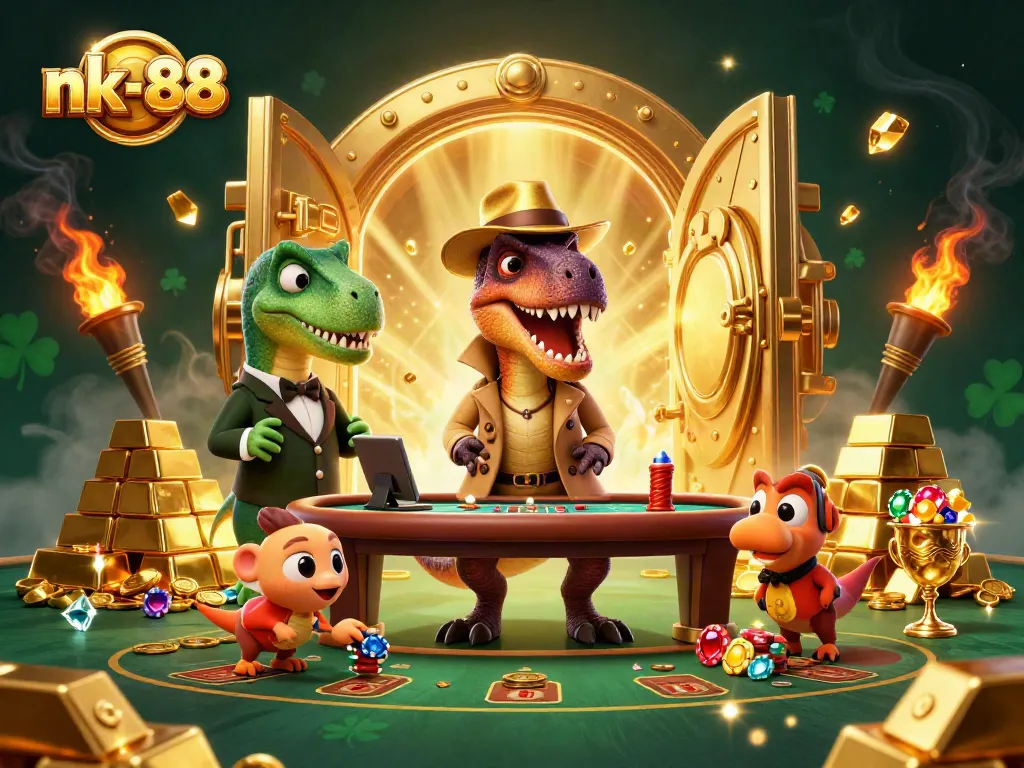 nk-88 brings excitement as a velociraptor card counter and friends create a dynamic casino scene.