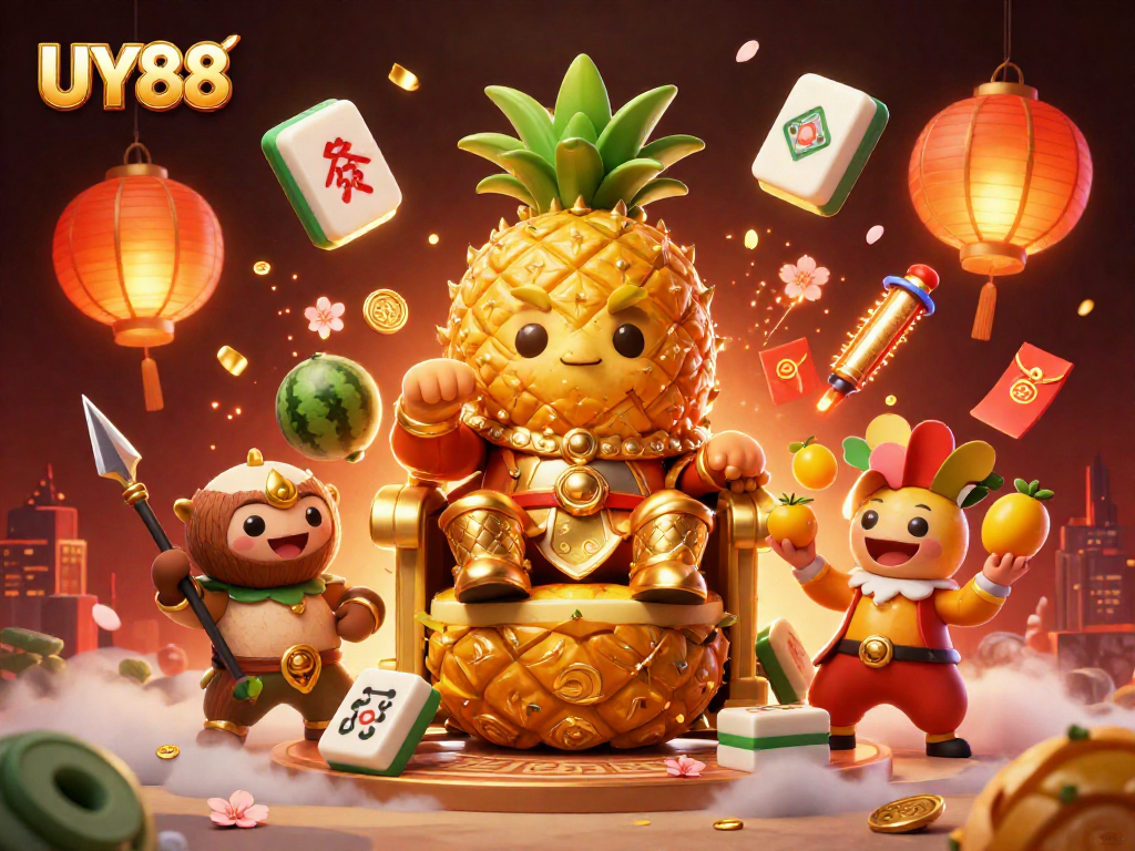 Experience UY88 with vibrant online casino energy featuring a golden pineapple king.