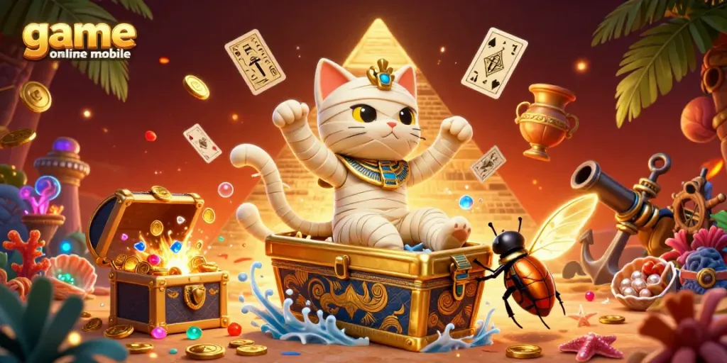 Permainan game online mobile dengan karakter kucing mumi dan scarab dalam kasino piramida yang megah.