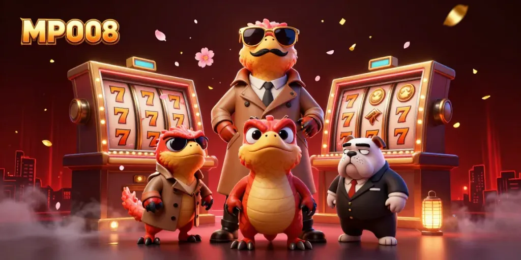 MPO08 showcases raptors in disguise, entering a vibrant VIP casino filled with slot reels and festive elements.