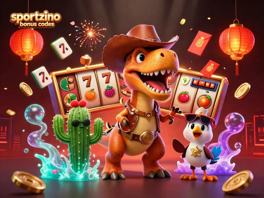 Experience fun with sportzino bonus codes, featuring a T-Rex and gaming elements in a lively casino scene.