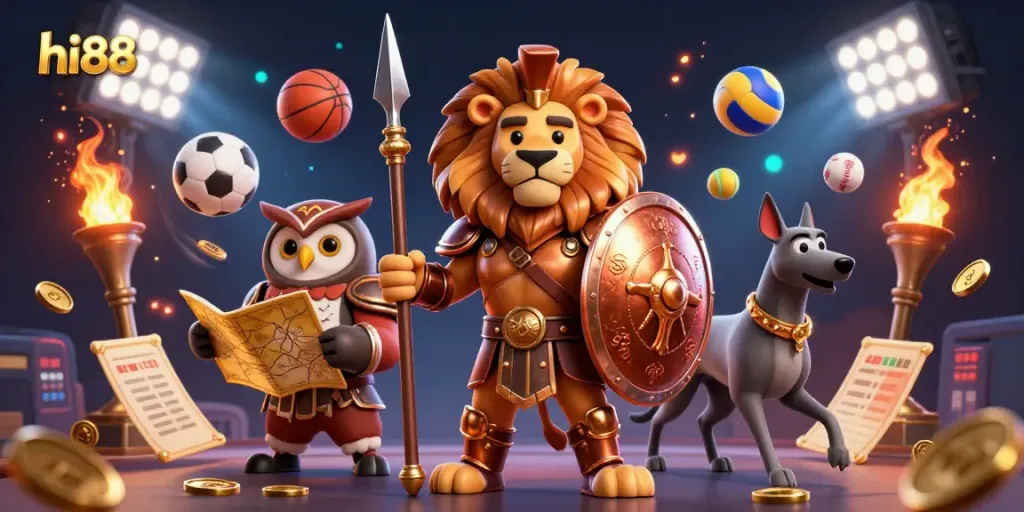 Engage in thrilling betting action with hi88 as the Spartan lion, owl, and greyhound depict excitement in gambling.