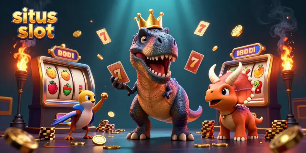 Permainan situs slot yang menarik, menampilkan dinosaurus lucu dan elemen slot yang kaya.