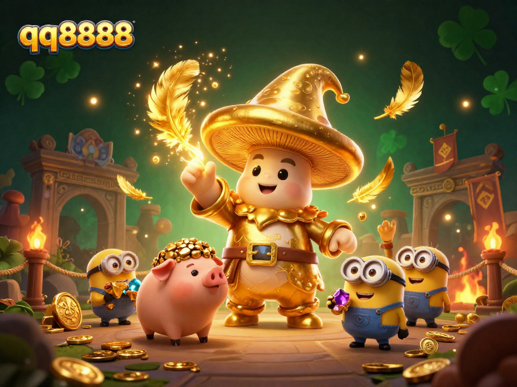 Engage with qq8888's vibrant 3D gaming universe featuring a golden mushroom wizard and treasure-filled adventures.