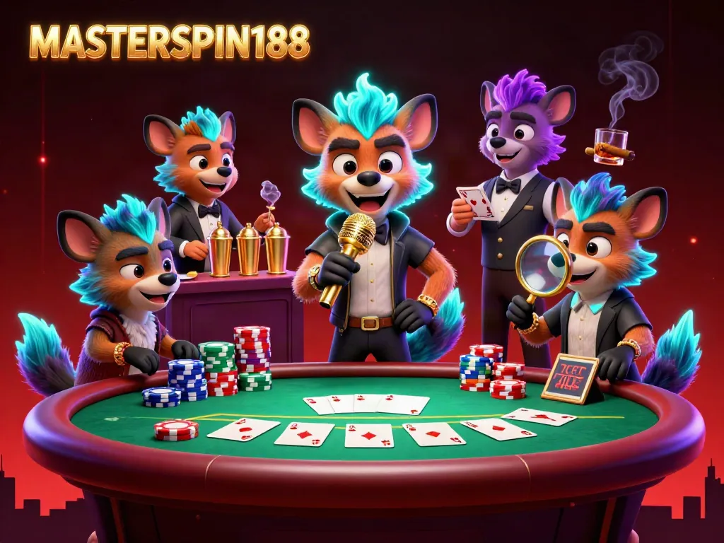 Engage in thrilling gameplay at MASTERSPIN188 casino with lively hyenas showcasing comedy, bartending, and security.