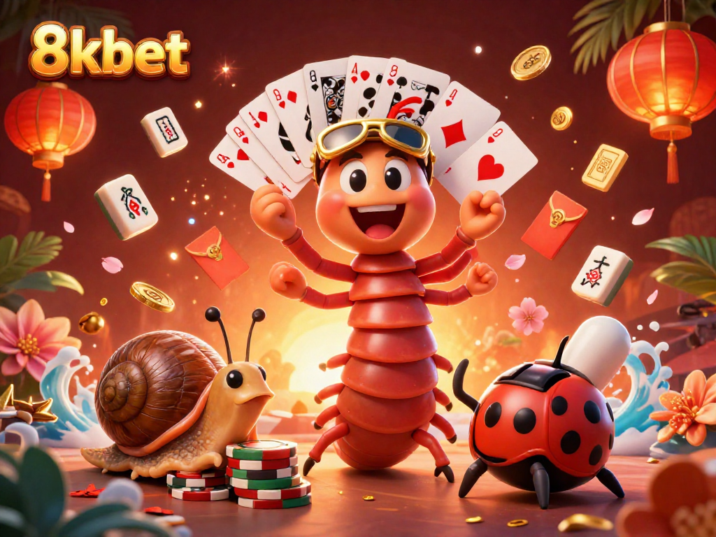Engage in thrilling gameplay at 8kbet with a lively scene featuring cartoon characters, vibrant casino elements.