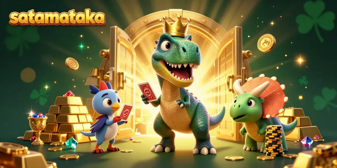 Satta Matka fun depicted with a T-Rex shuffling cards in a glittering casino scene.