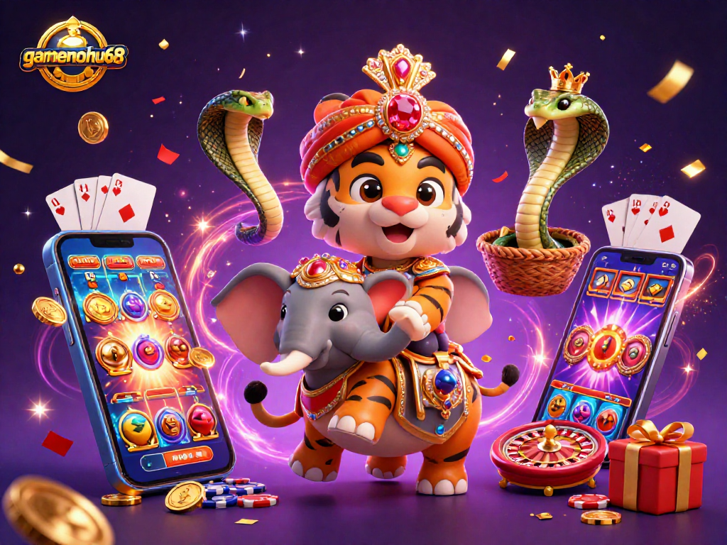 Experience gamenohu68 with a vibrant 3D illustration showcasing a majestic maharaja tiger, elephant, and cobra amidst dynamic gambling elements.