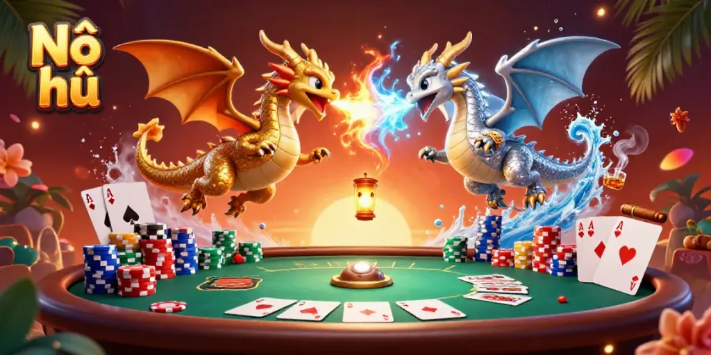 Nổ hũ gaming scene with intertwined dragons, poker elements, and a glowing logo.