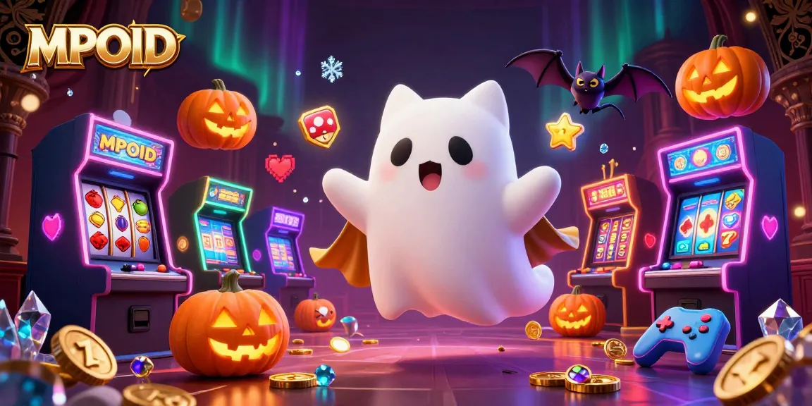 MPOID's haunted casino adventure showcases slots and jack-o-lanterns in a vibrant, ghostly scene.