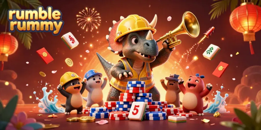 Experience and celebrate winning with rumble rummy in a vibrant animated casino scene.
