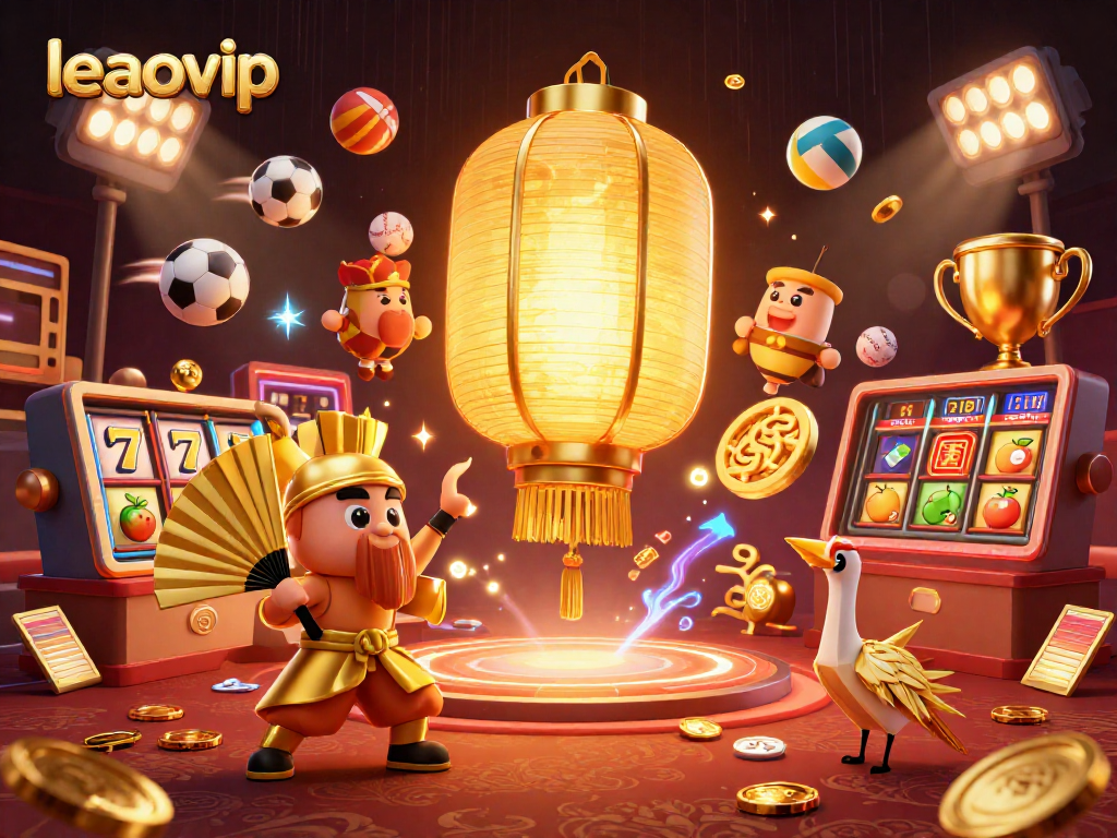 Experience the lively atmosphere of leaovip with a glowing golden lantern surrounded by dynamic casino elements.