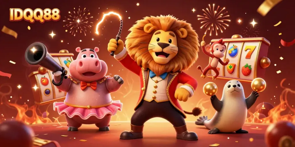 Experience the excitement of IDQQ88 with a vibrant casino-themed illustration featuring lively characters.