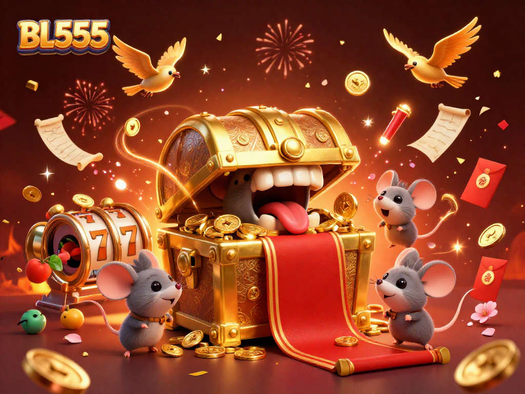 Engage with the exciting world of BL555, where adventurer mice are drawn to a golden treasure chest amid brilliant gaming visuals.