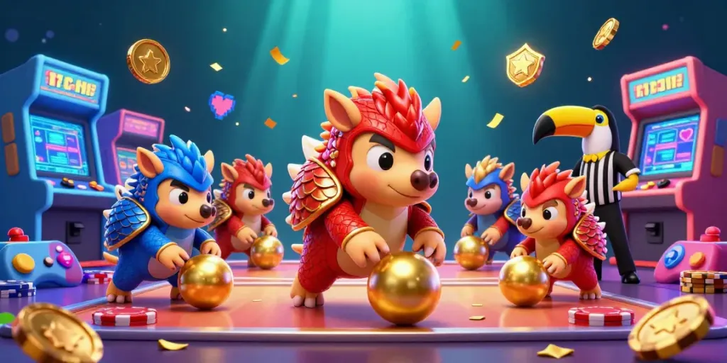 Celebrate winnings at LGOGOAL with dynamic pangolins bowling chips in a vibrant casino scene.