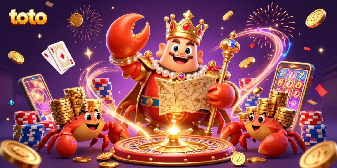 Toto membawa peluang kemenangan dengan ilustrasi 3D kartun krab emas yang megah, peta harta, dan chip kasino