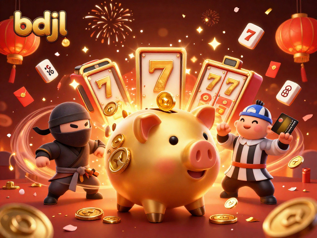 Experience exciting action in bdjl with golden piggy bank sumo, dazzling slot reels, and festive fireworks.