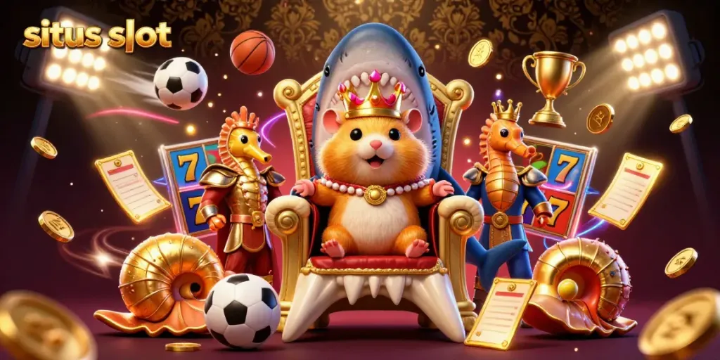 Aksi menarik di situs slot dengan hamster raja dan elemen jackpot di sekelilingnya