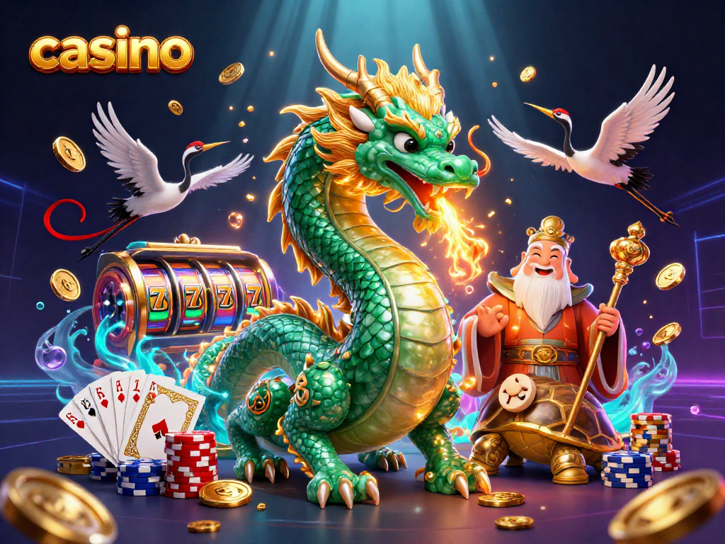 Experience excitement at the casino with a jade dragon amidst golden coins and slot machine reels.