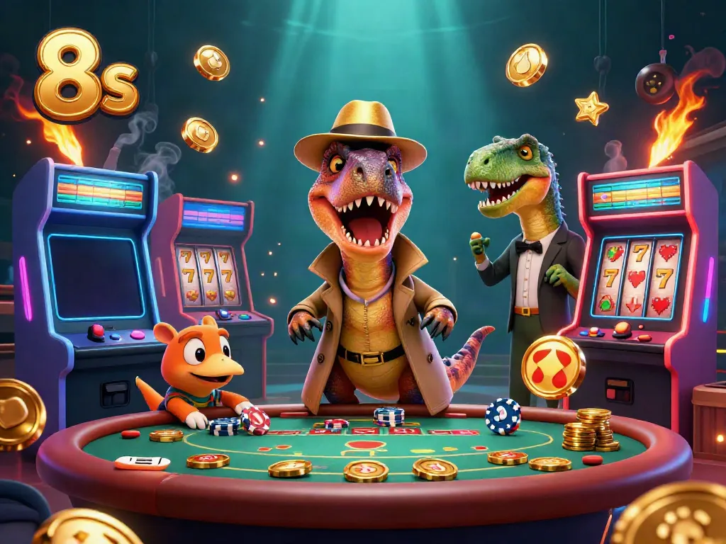 Engaging 3D scene with a velociraptor card counter and stegosaurus pit boss at a blackjack table, illuminating the excitement of 8s gaming.