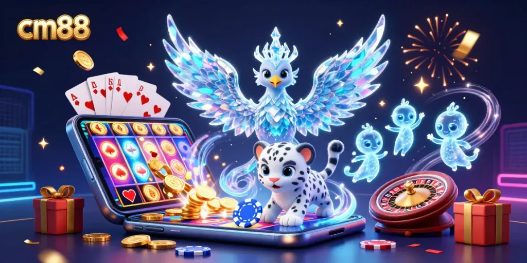 Experience vibrant gaming excitement at cm88 with an ice phoenix and playful snow leopard amidst dazzling casino elements.