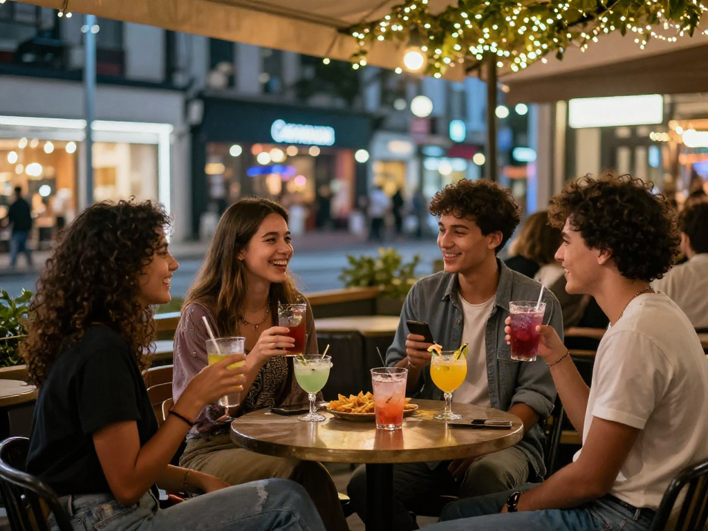 Gái gọi hòa mình vào không khí sôi động của giới trẻ tại quán bar ngoài trời.