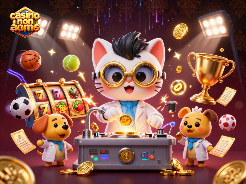 Gioca con il casinò non aams mentre il gatto scienziato crea monete d'oro in un mondo pieno di emozione.