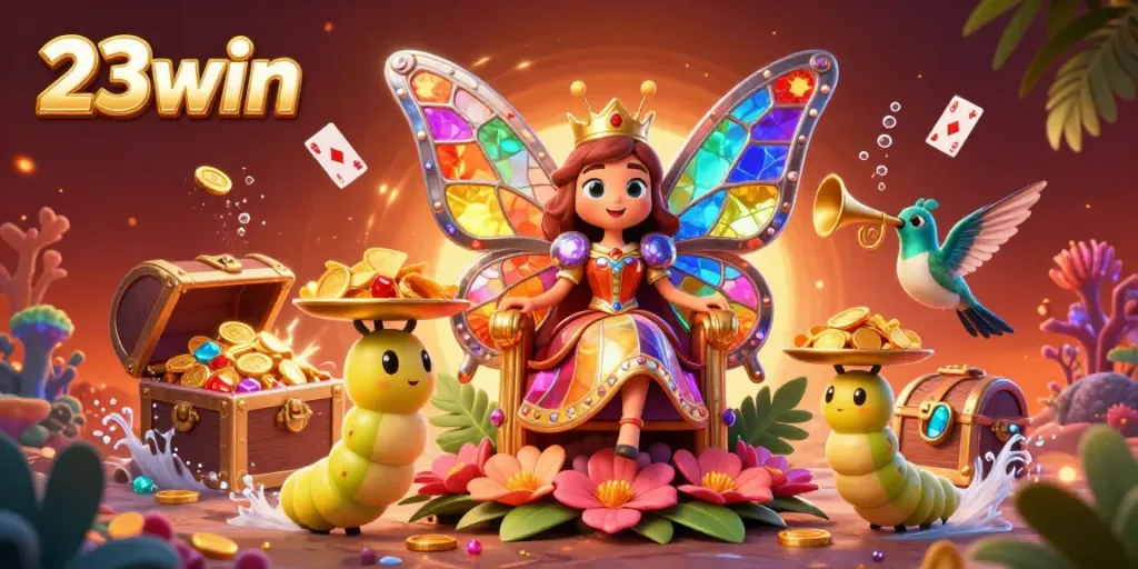 Engage in exciting gambling with 23win, featuring a vibrant scene of a butterfly queen amidst treasures and gaming elements.