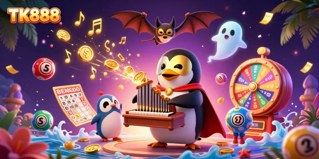 Play and win at TK888 in a vibrant casino scene with colorful elements and engaging characters.