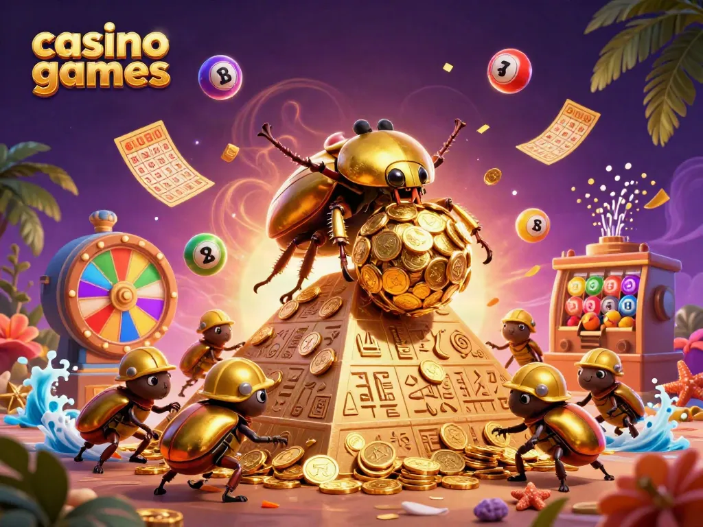 Engaging casino games scene with golden beetles rolling coins and vibrant lottery elements.