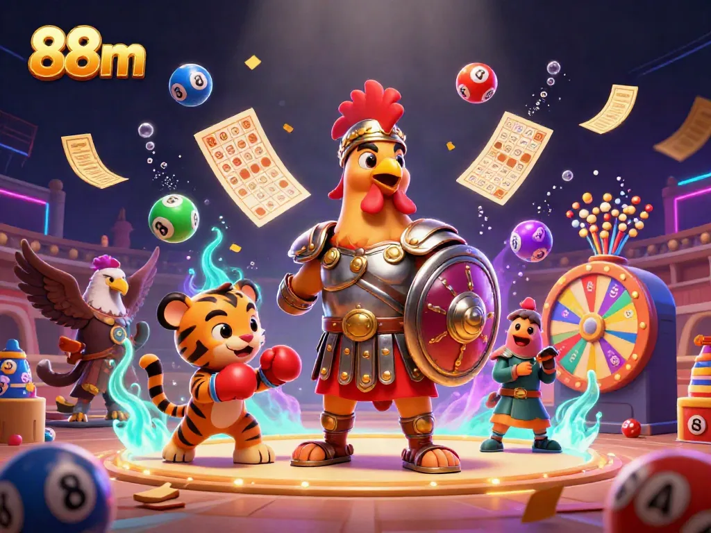 88m's exciting 3D illustration depicts a gladiator rooster and tiger cub in a vibrant gaming arena, showcasing casino elements.