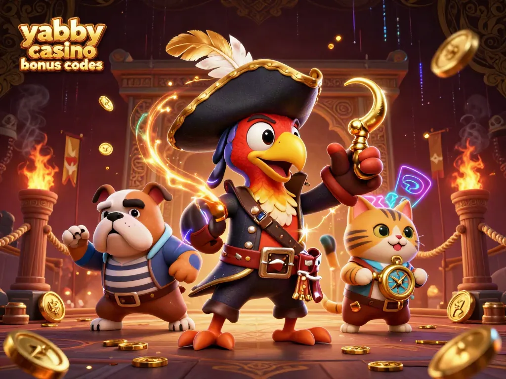 Engage in winning strategies with Yabby Casino bonus codes, featuring vibrant 3D pirate-themed characters.