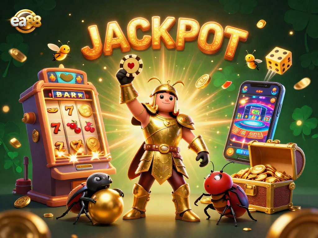 ea88 showcases vibrant 3D casino scene with beetles celebrating a big jackpot win for gamers.