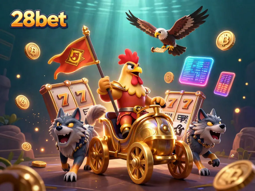 Engage in thrilling gameplay at 28bet with the dynamic 3D illustration showcasing a rooster warlord in a golden chariot.
