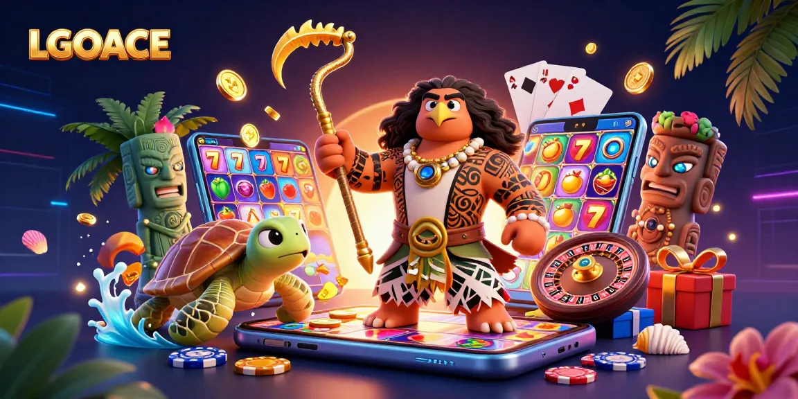 LGOACE showcases a vibrant 3D illustration with casino elements, highlighting slots and tropical themes.