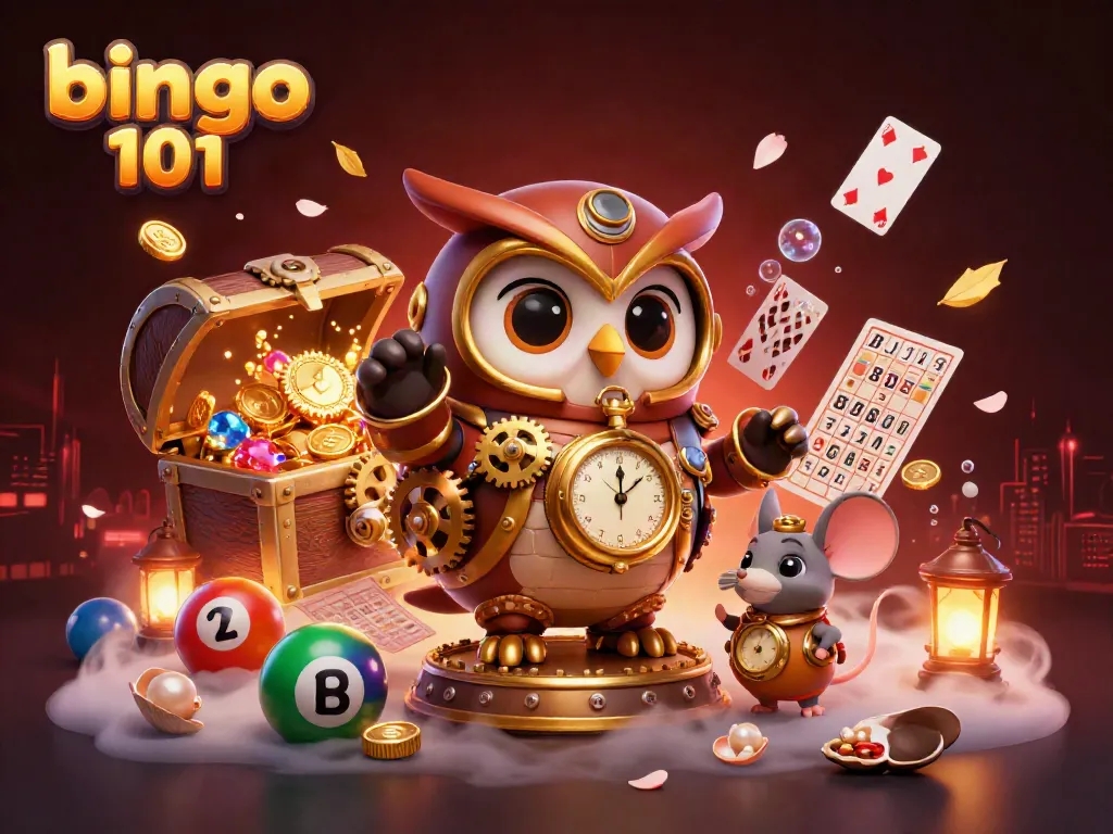 Engage with bingo 101 in a fun 3D scene with colorful bingo elements and whimsical characters.