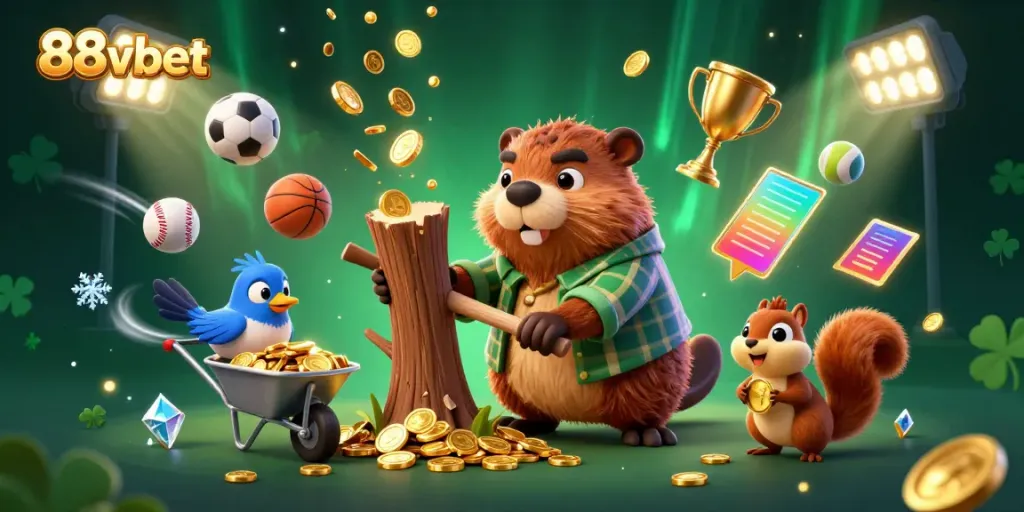 88vbet's vibrant gaming scene showcases a beaver, bird, and squirrel enjoying a treasure-filled environment.