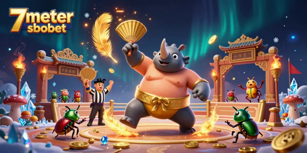 Experience thrilling gambling with 7meter sbobet in a vibrant cartoon arena showcasing spirited beetle action.