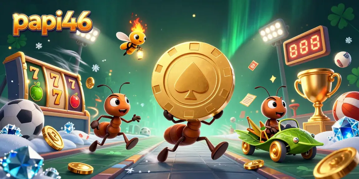 Papi46 menghadirkan aksi tim semut 3D dalam perampokan chip poker emas di kasino yang penuh dengan simbol slot.