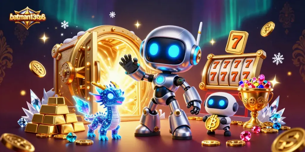 Win big at batman138a6 with immersive gaming visuals featuring slots, jackpots, and a robotic mascot.