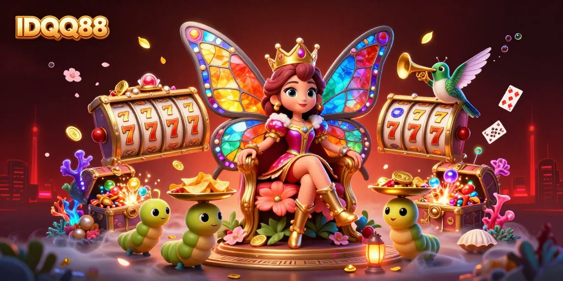 Experience the thrilling world of IDQQ88 with a colorful butterfly queen amidst lively slot games and vibrant treasures.