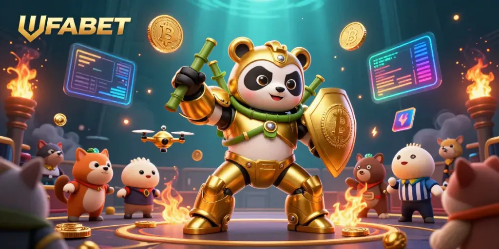 Engage with UFABET's thrilling 3D casino scene featuring a golden panda and crypto elements.