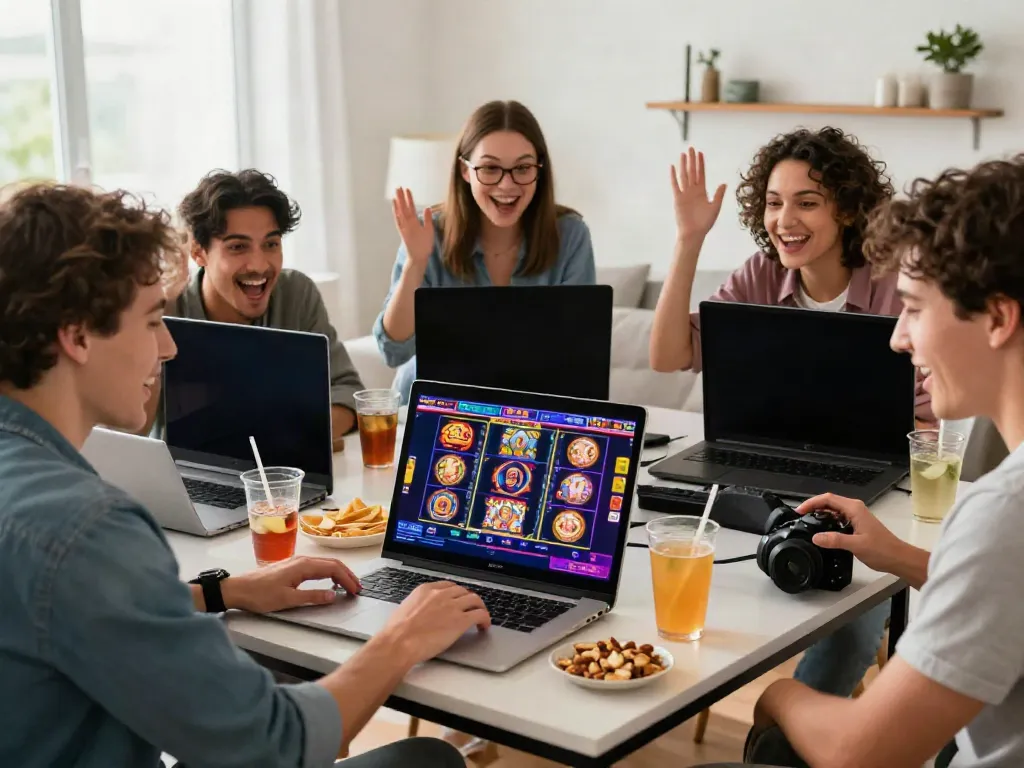 A group enjoying akunjp online casino gaming on a laptop.